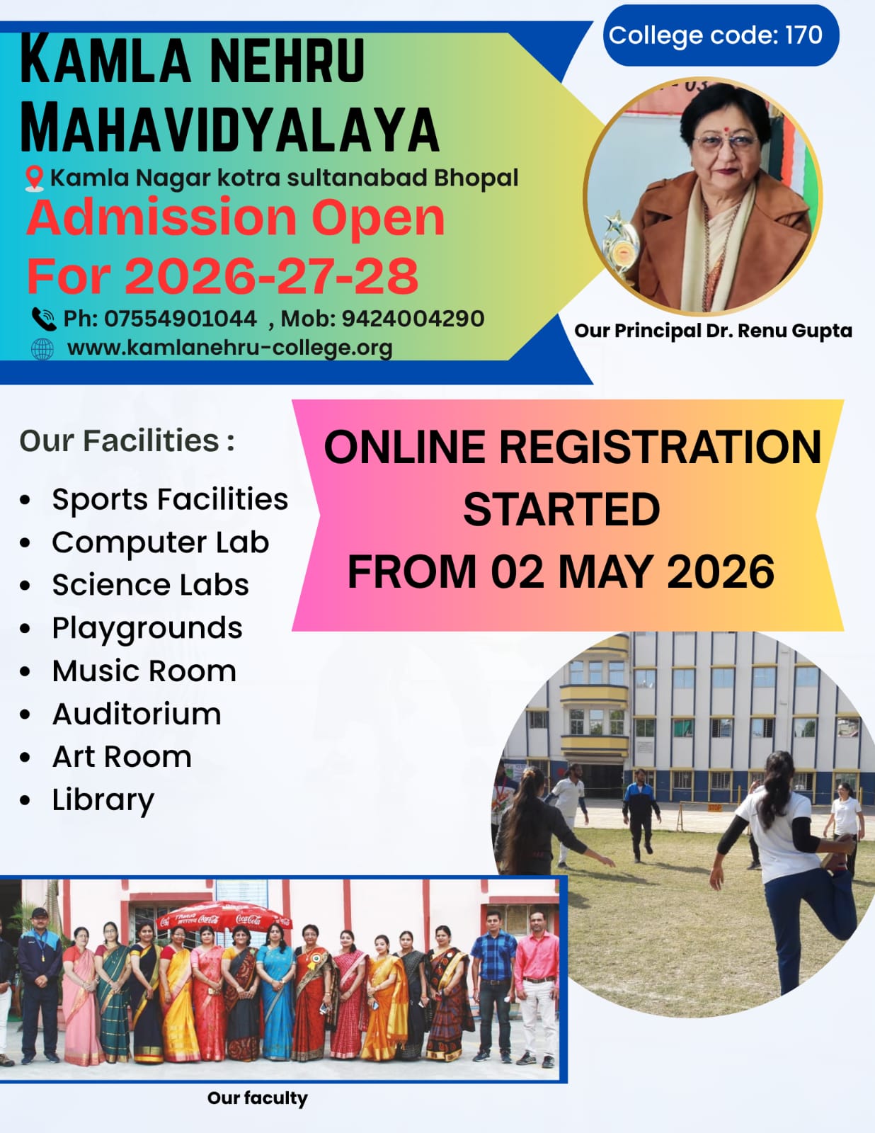 Kamla Nehru Mahavidyalaya admission notice for 2026–27–28. Online registration started 2 May 2026. College code 170. Enquiries: 0755 4901044 or 9424004290.